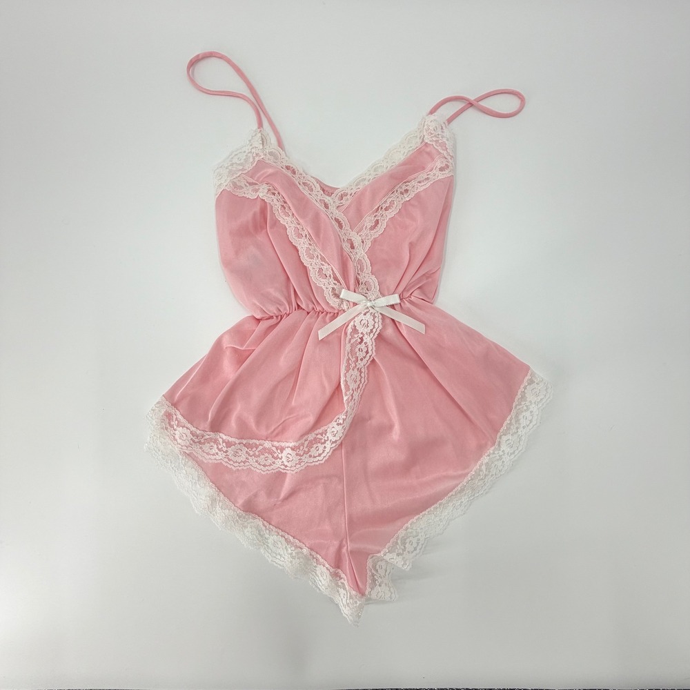 Coquette Suzy Star Vintage Pink Nylon Lace Trim Teddy Romper Lingerie